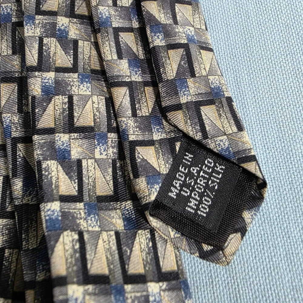 Barrington Mens Geometric Silk Blend Tie Blue Gold Tan Patterned Necktie